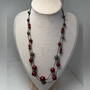 Vintage RMN Red Bead Rhinestone Layered Necklace - Women Jewelry